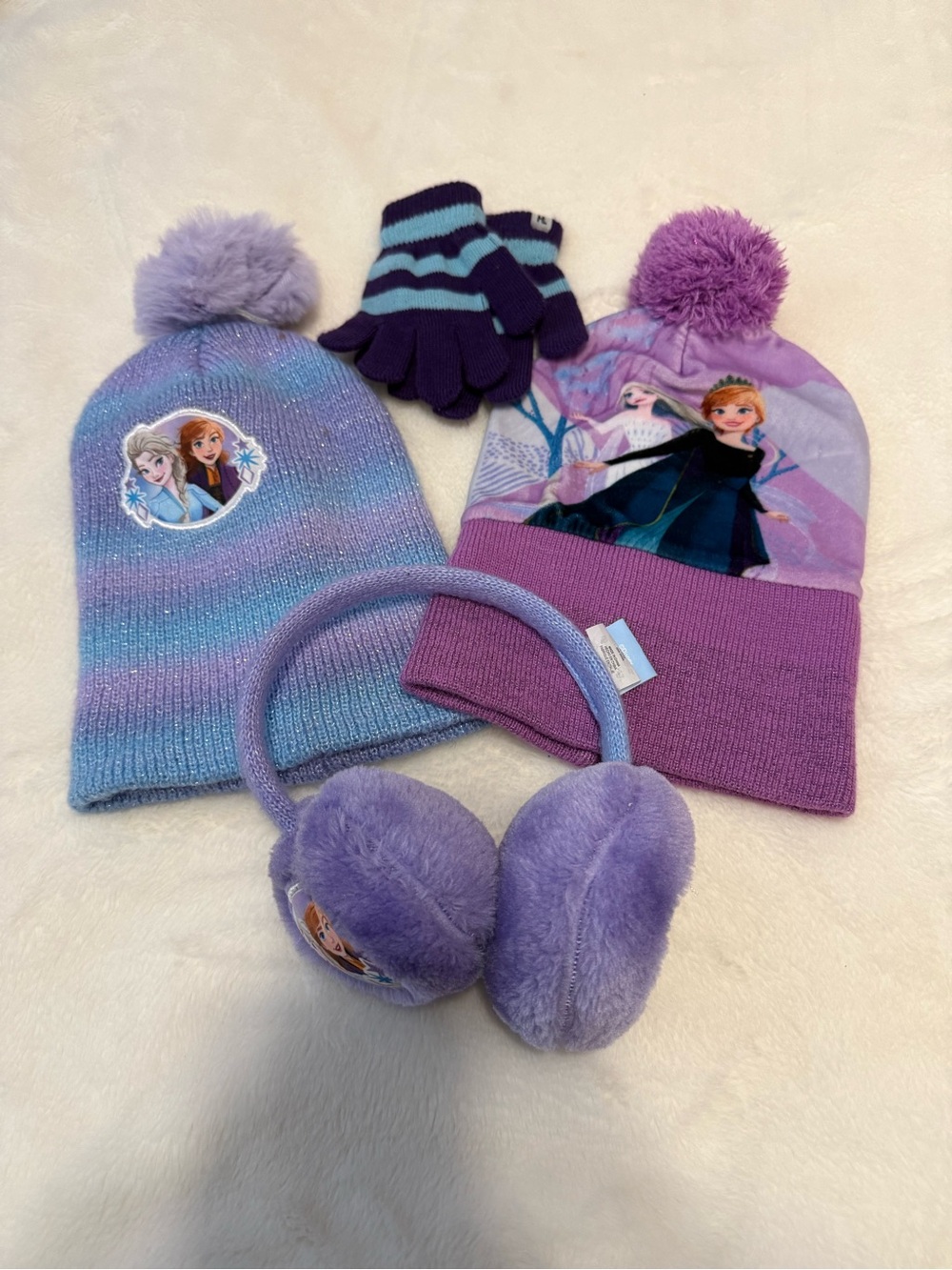 Disney Frozen Kids Purple Knit Beanie & Earmuffs Winter Set